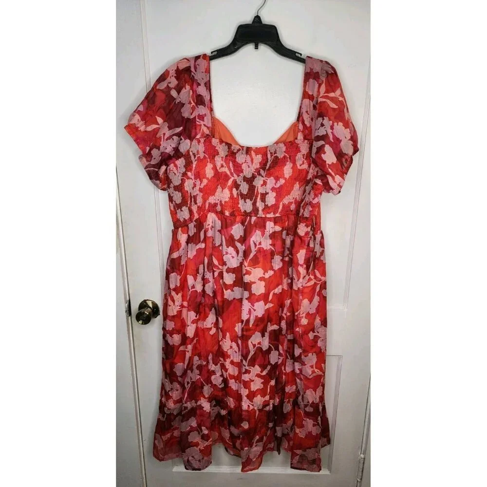 TORRID Floral Midi Dress Size 3X Smocked Lace Up Clip Dot Ruffled Empire Waist - Picture 2 of 6